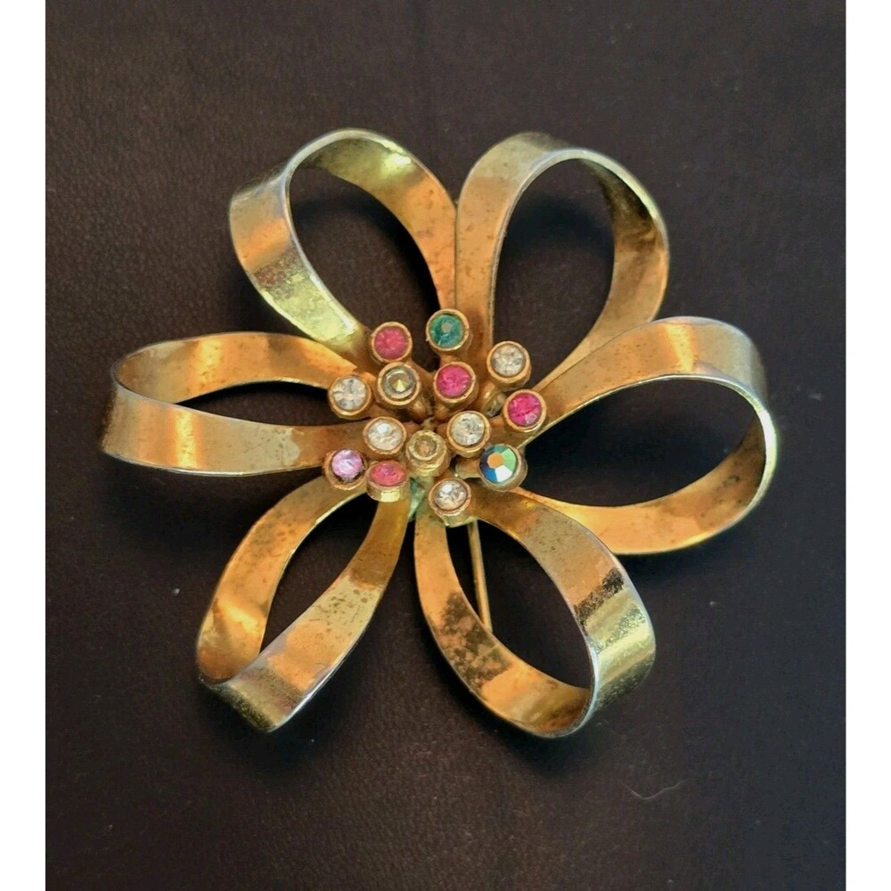 Vintage Coro Gold Tone Ribbon Bow Brooch Multicolor Rhinestone Statement Jewelry
